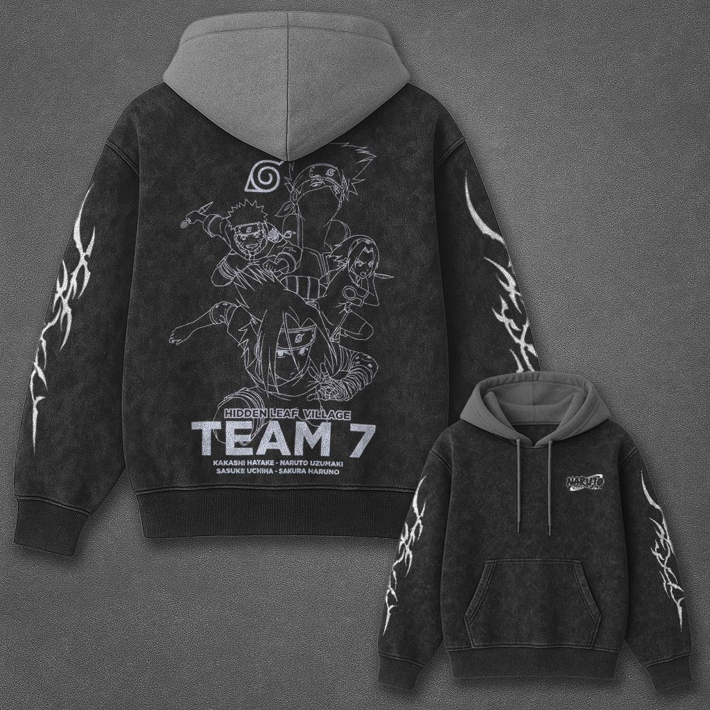 Naruto Oversized Casual Black and Gray Washed Hoodie