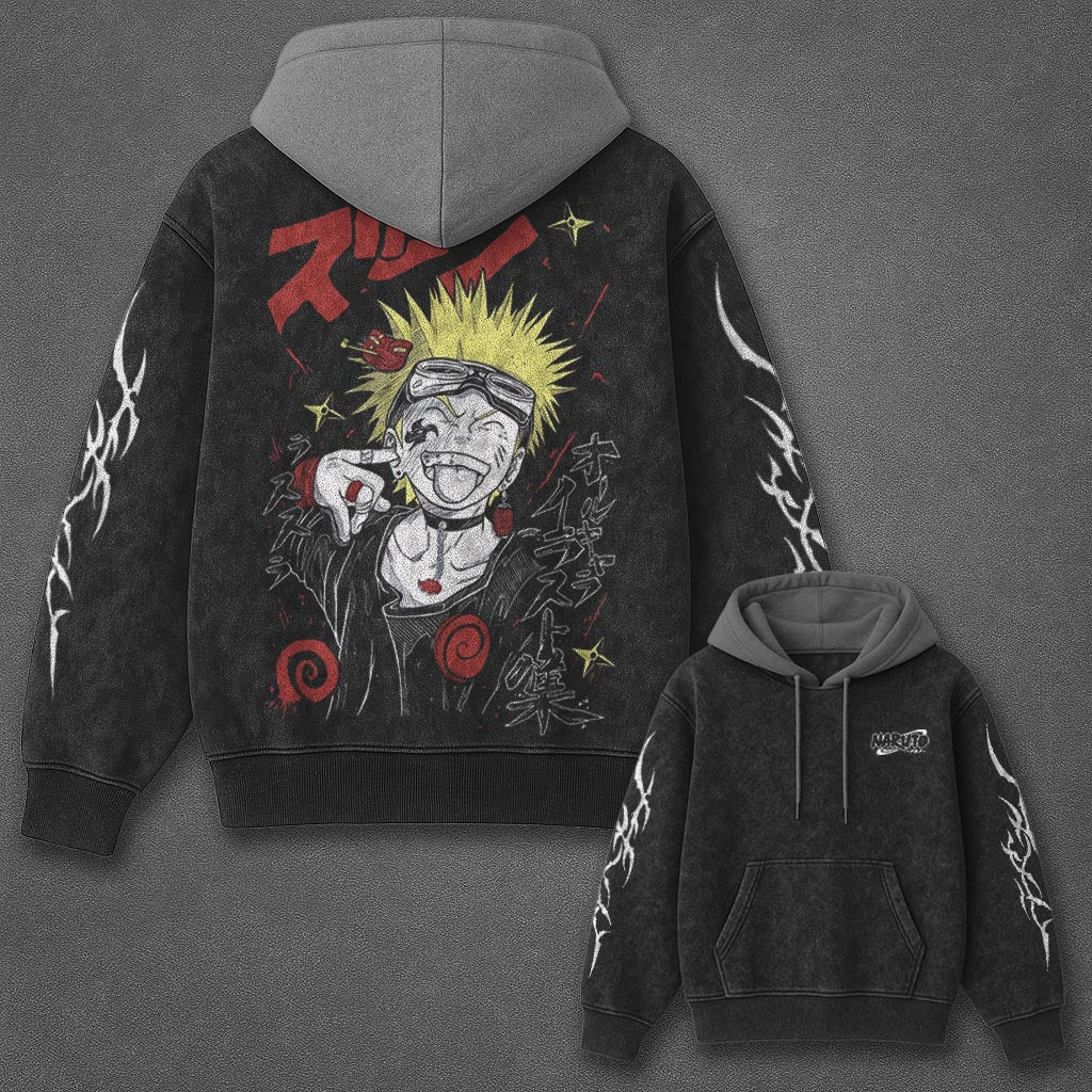 Naruto Oversized Iconic Black and Gray Washed Hoodie