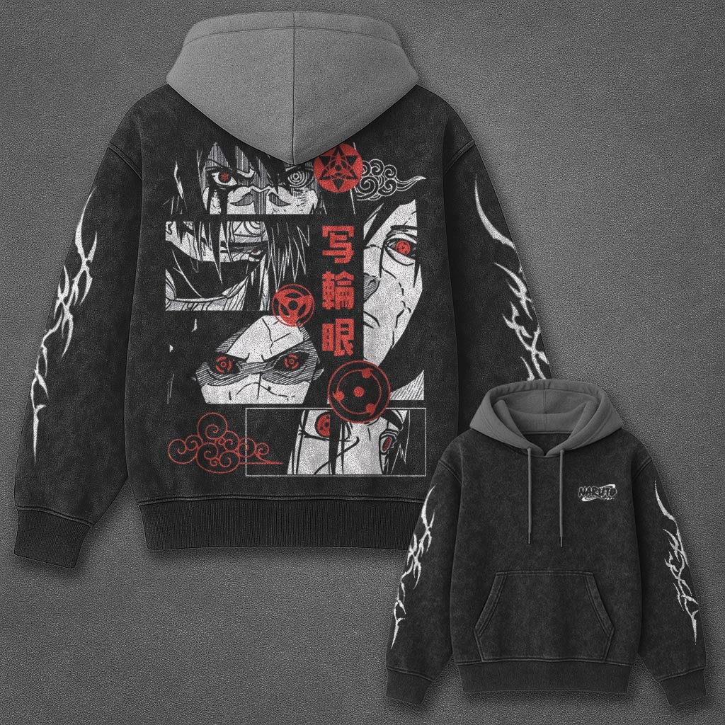 Naruto Oversized Luxe Black and Gray Washed Hoodie