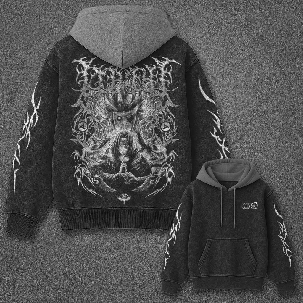 Naruto Oversized Everyday Black and Gray Washed Hoodie