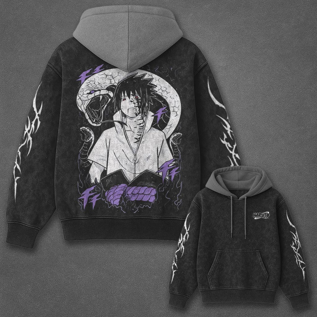 Naruto Oversized Urban Black and Gray Washed Hoodie