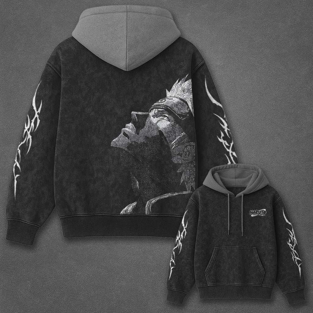 Naruto Oversized Elevated Black and Gray Washed Hoodie