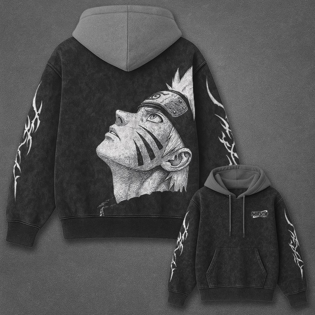 Naruto Oversized Refined Black and Gray Washed Hoodie