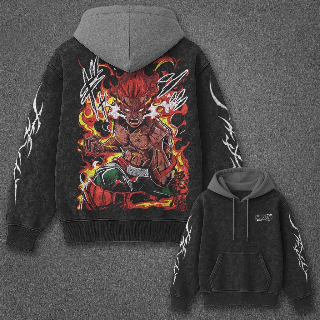 Naruto Oversized Crisp Black and Gray Washed Hoodie