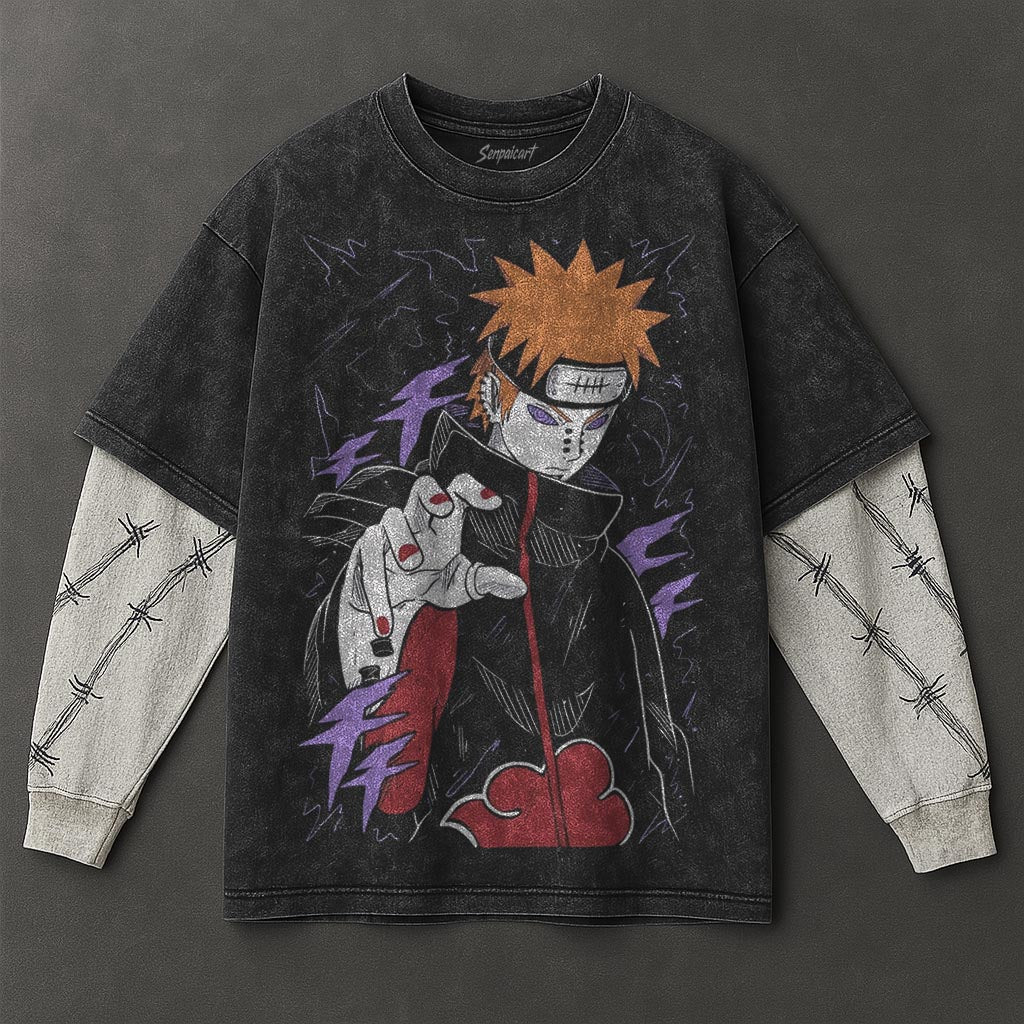 Naruto Oversized Street Black Washed Double Sleeves T-Shirt