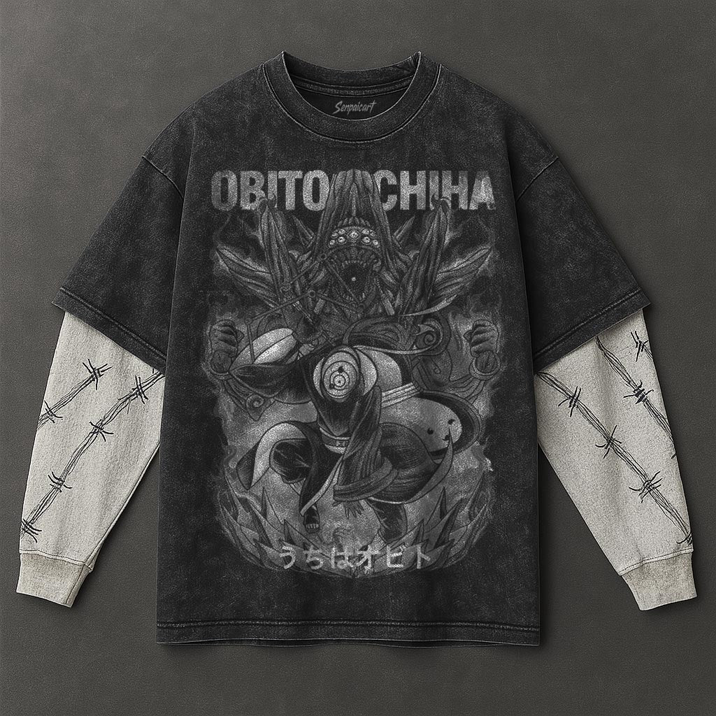 Naruto Oversized Essential Black Washed Double Sleeves T-Shirt