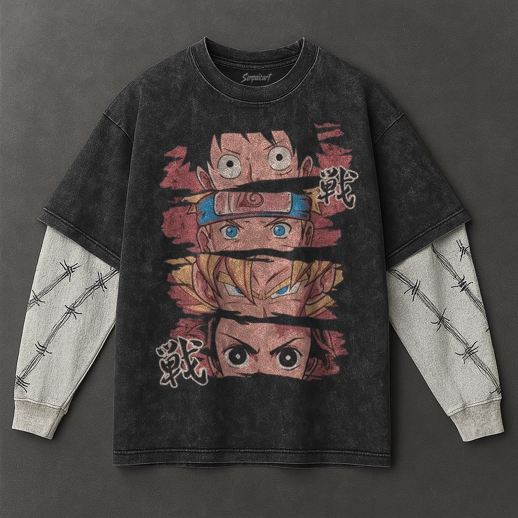 Naruto Oversized Cozy Black Washed Double Sleeves T-Shirt