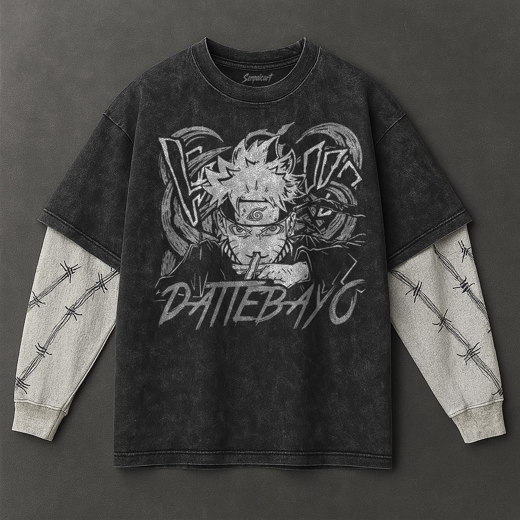 Naruto Oversized Everyday Black Washed Double Sleeves T-Shirt