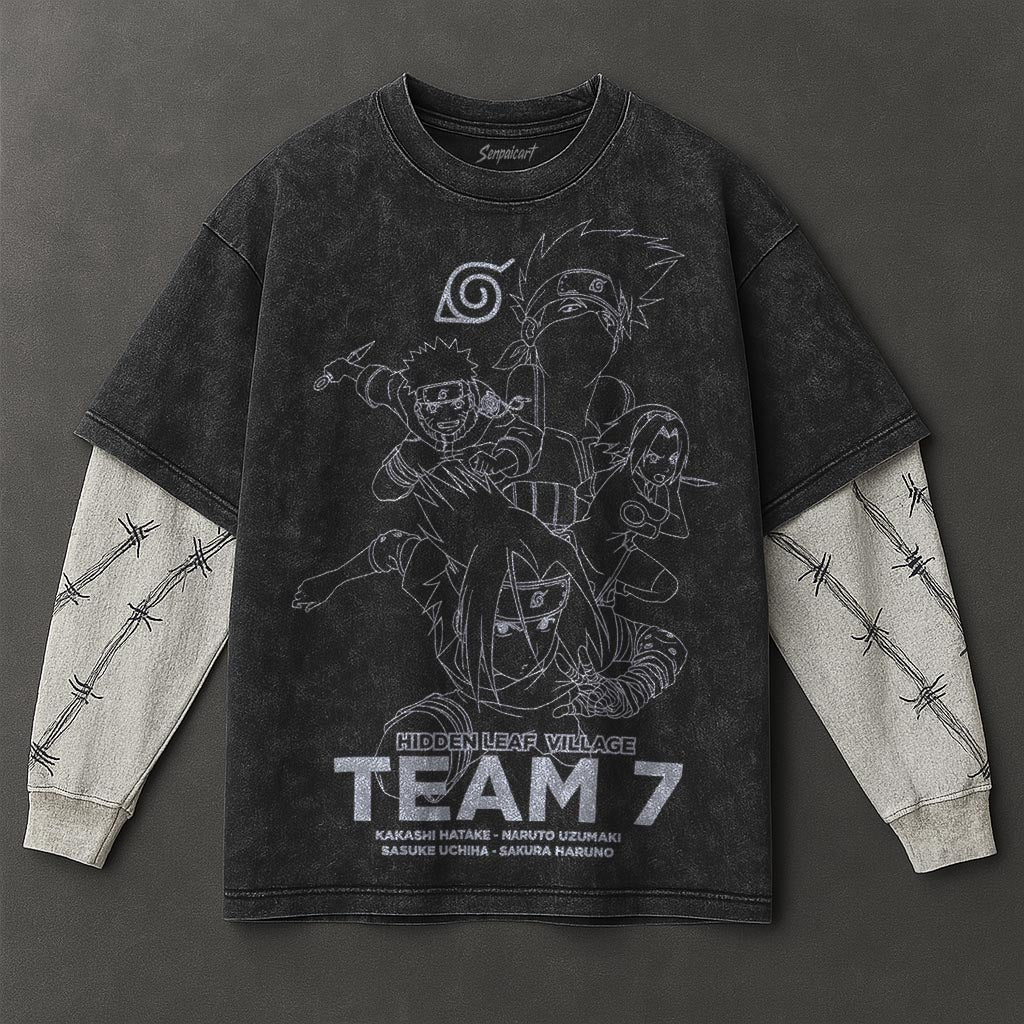 Naruto Oversized Crisp Black Washed Double Sleeves T-Shirt