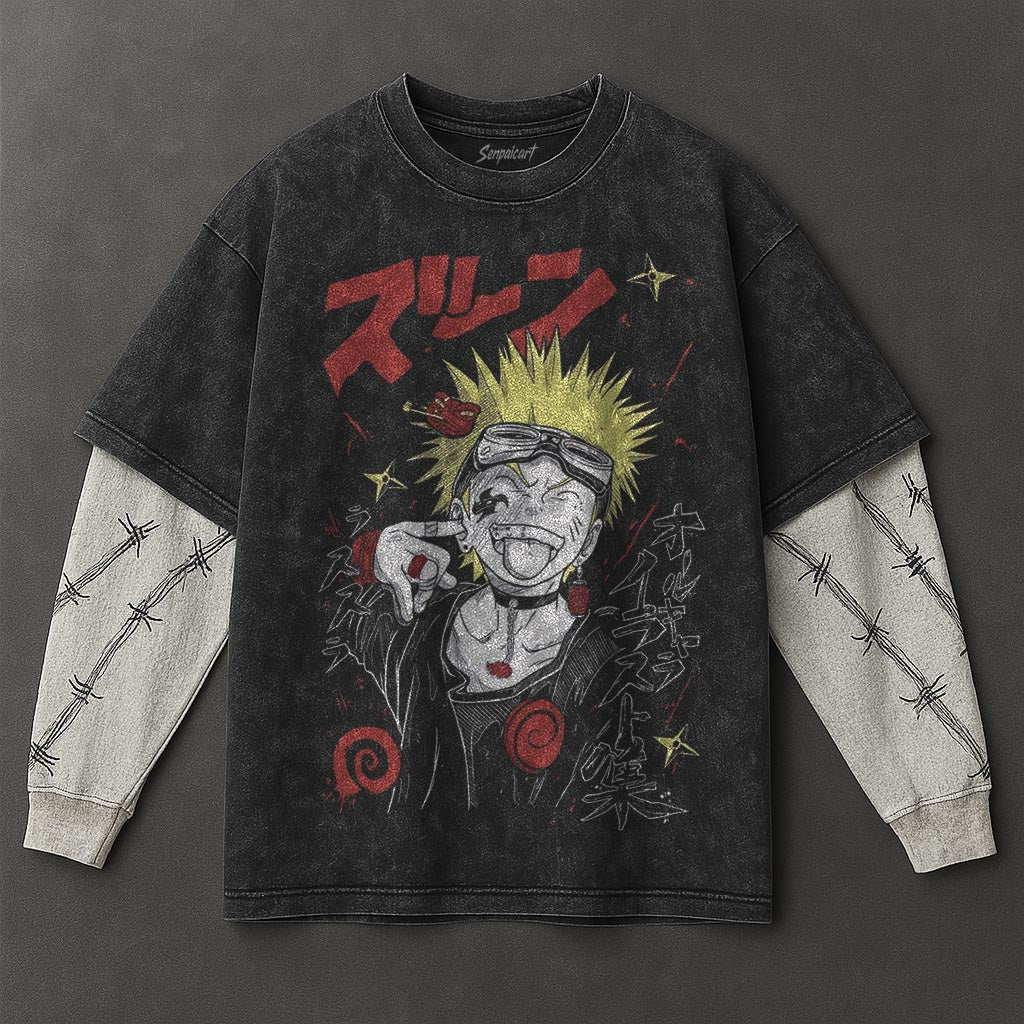 Naruto Oversized Versatile Black Washed Double Sleeves T-Shirt