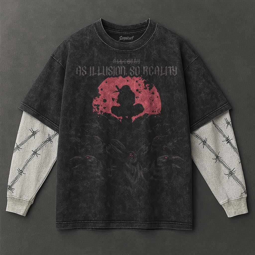 Naruto Oversized Sleek Black Washed Double Sleeves T-Shirt