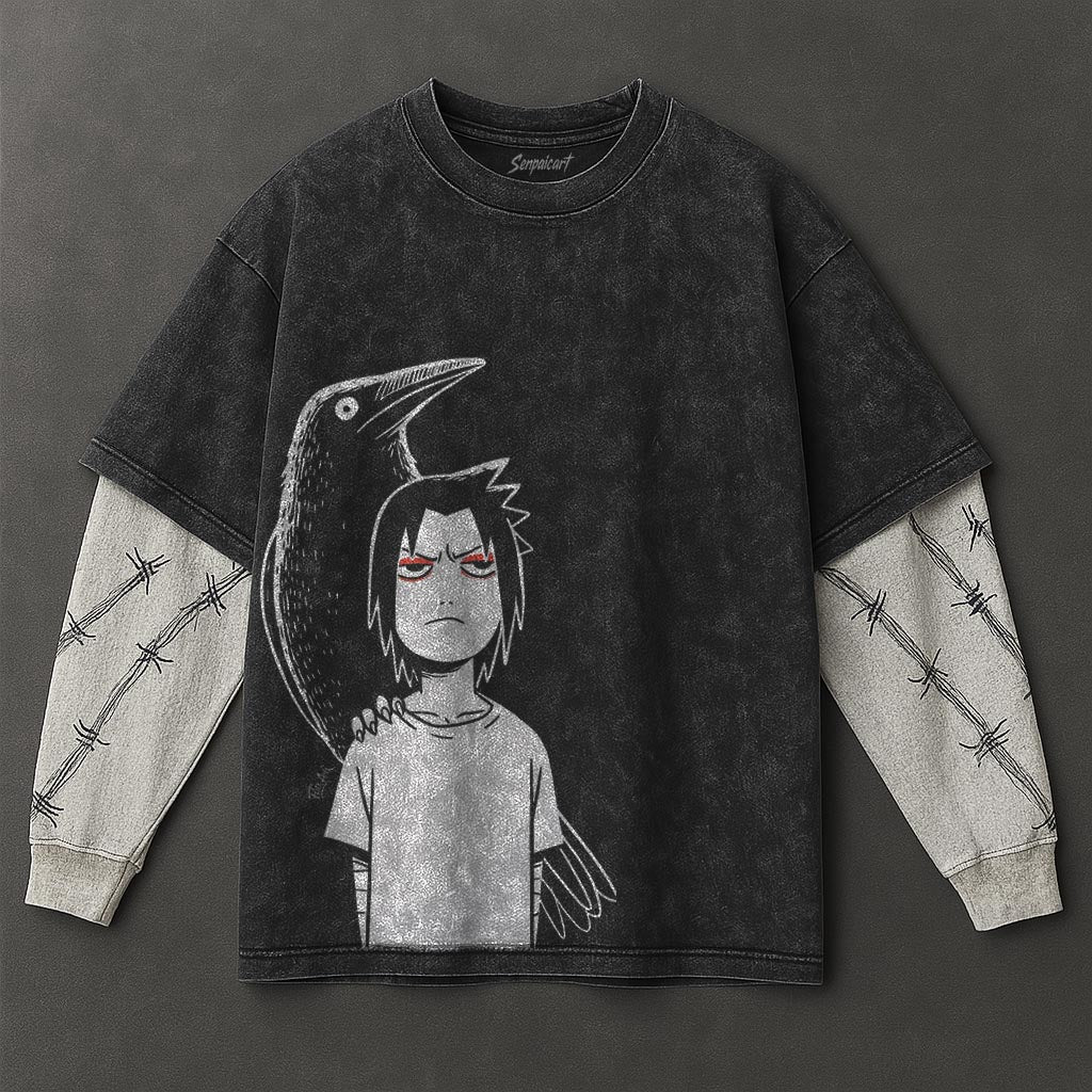 Naruto Oversized Fresh Black Washed Double Sleeves T-Shirt