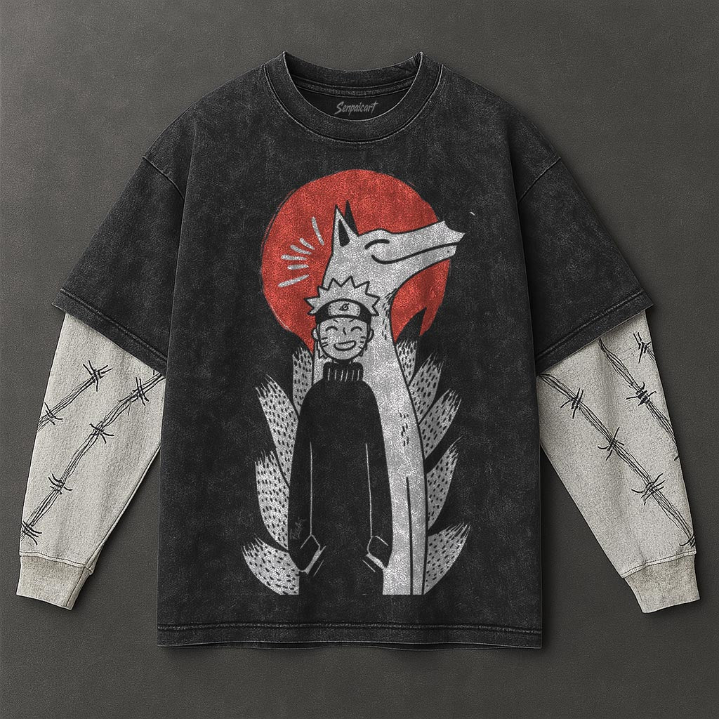 Naruto Oversized Bold Black Washed Double Sleeves T-Shirt