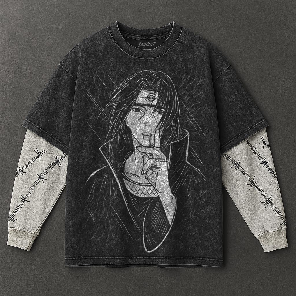 Naruto Oversized Premium Black Washed Double Sleeves T-Shirt