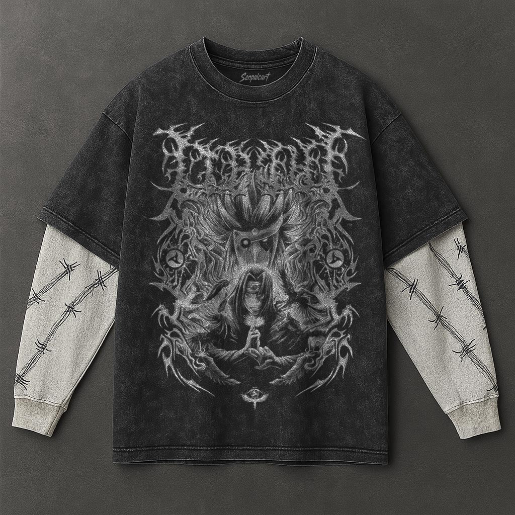 Naruto Oversized Rugged Black Washed Double Sleeves T-Shirt