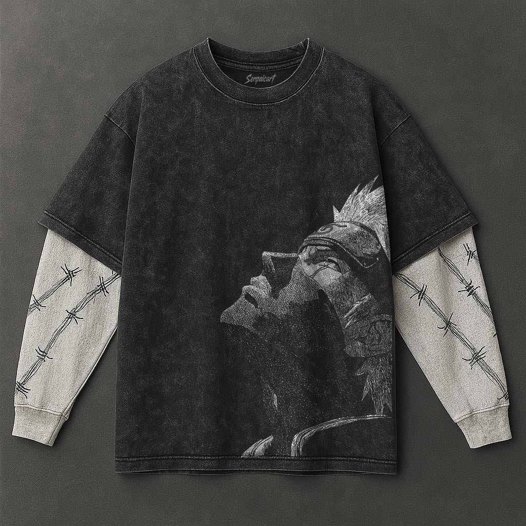 Naruto Oversized Elevated Black Washed Double Sleeves T-Shirt