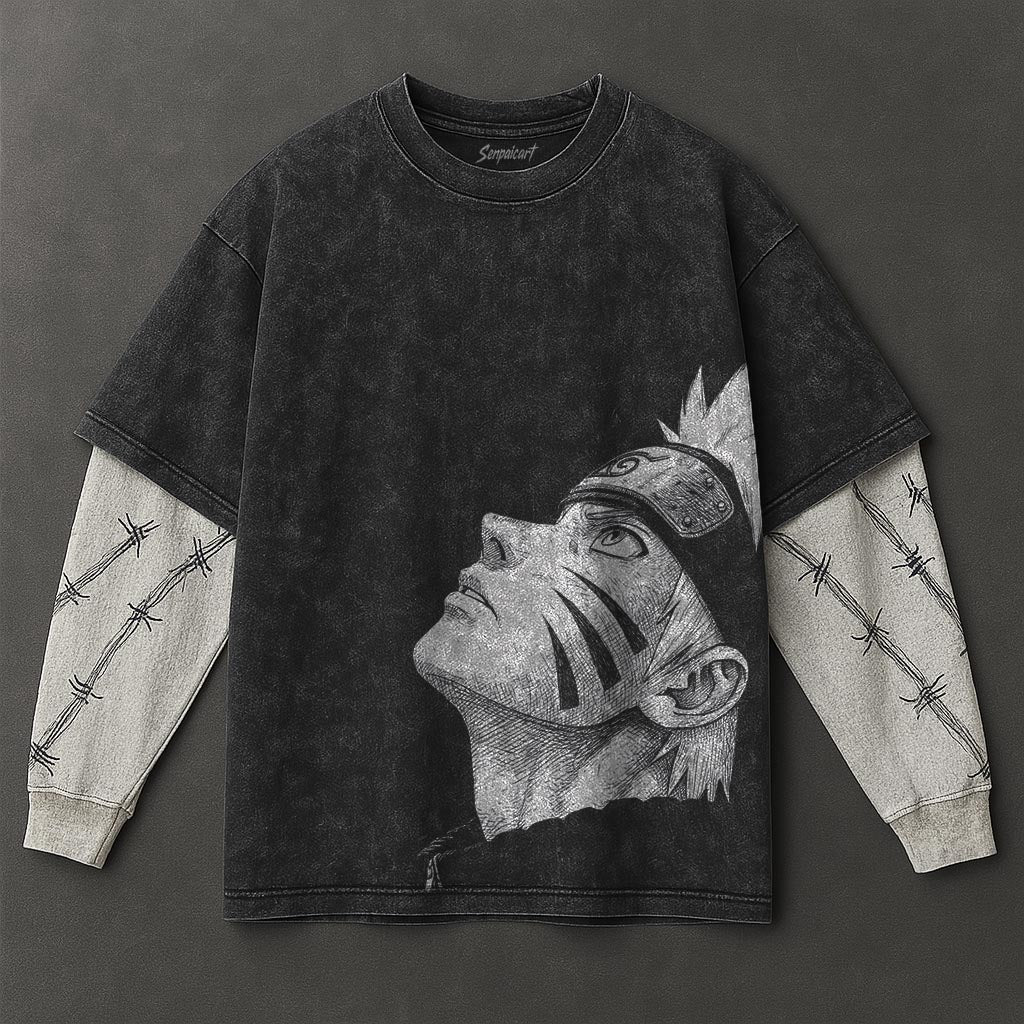 Naruto Oversized Iconic Black Washed Double Sleeves T-Shirt