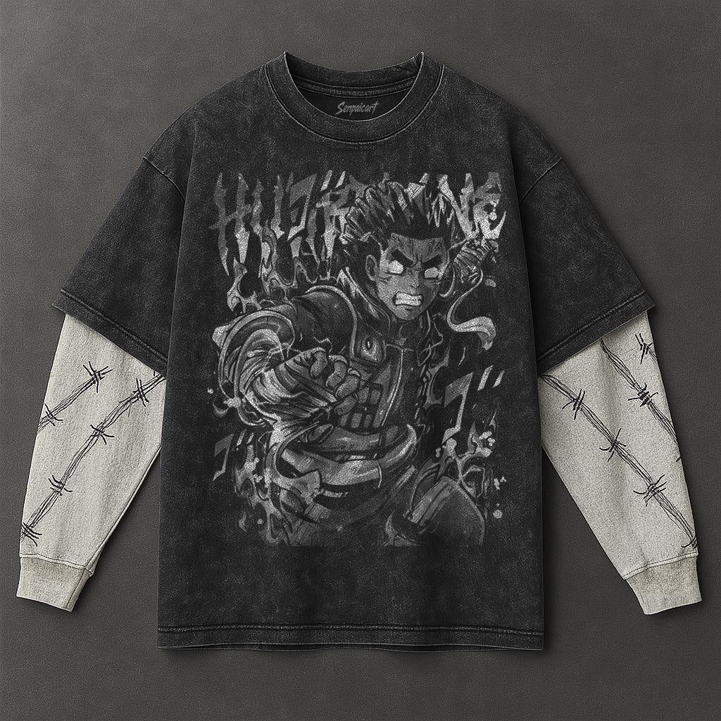 Naruto Oversized Luxe Black Washed Double Sleeves T-Shirt