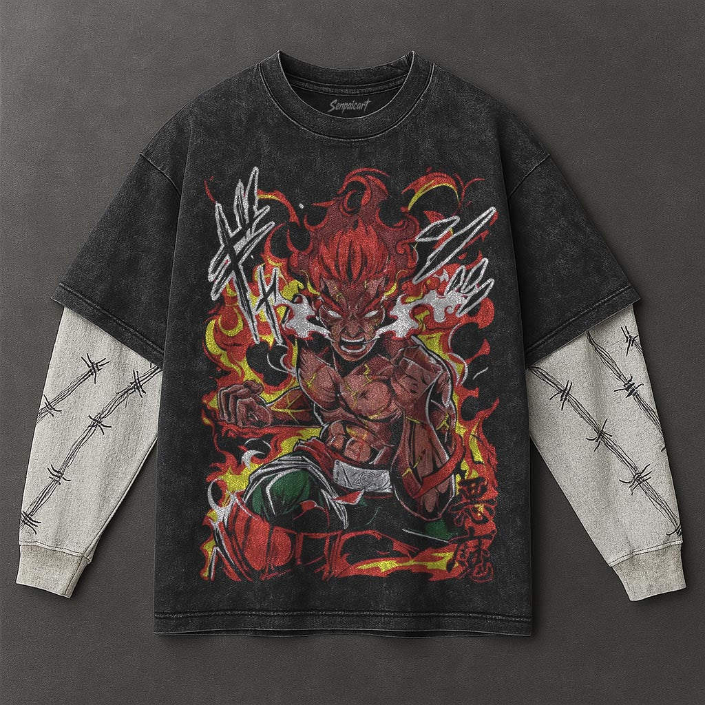 Naruto Oversized Casual Black Washed Double Sleeves T-Shirt