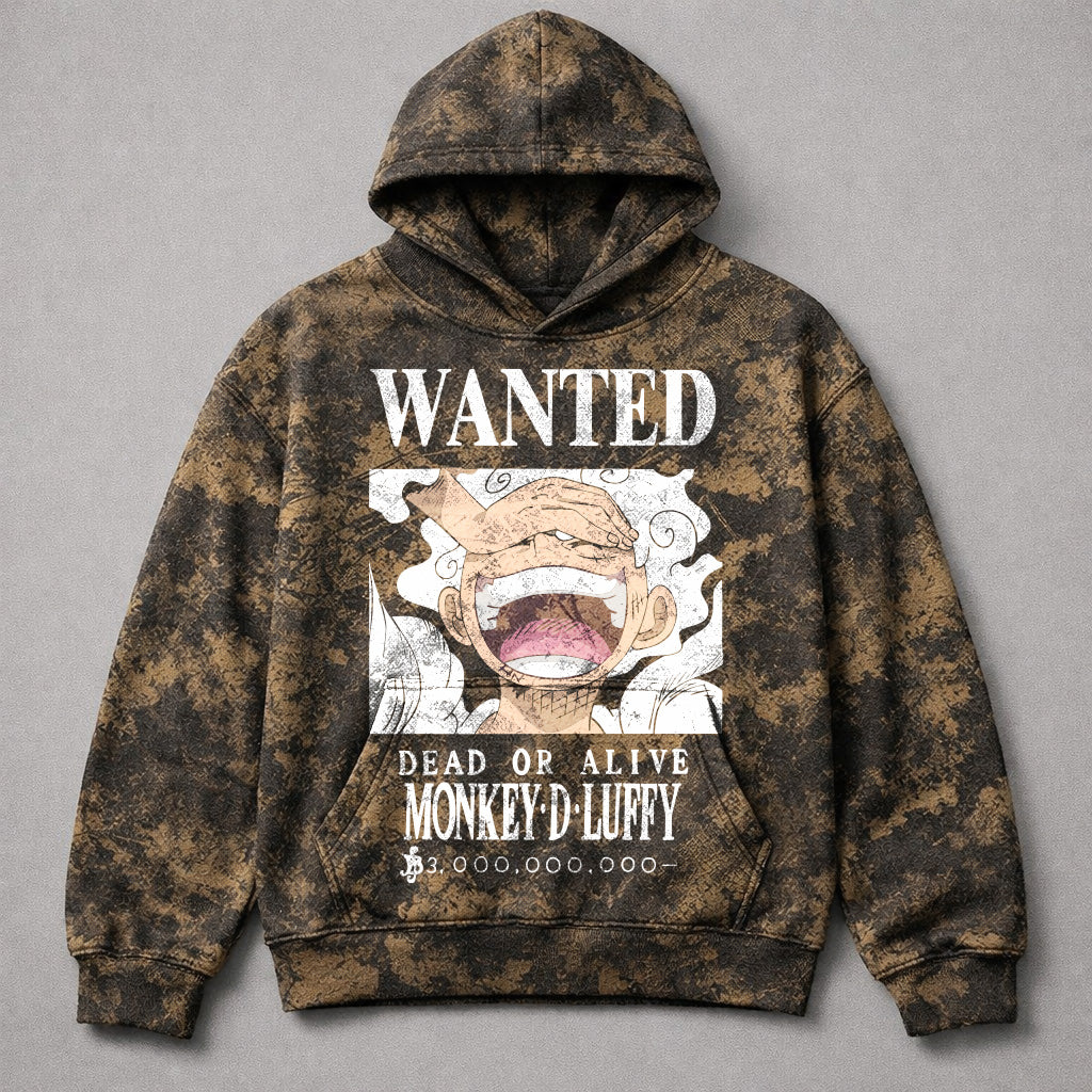 One Piece Luffy Wanted Brown Camo Washed Hoodie