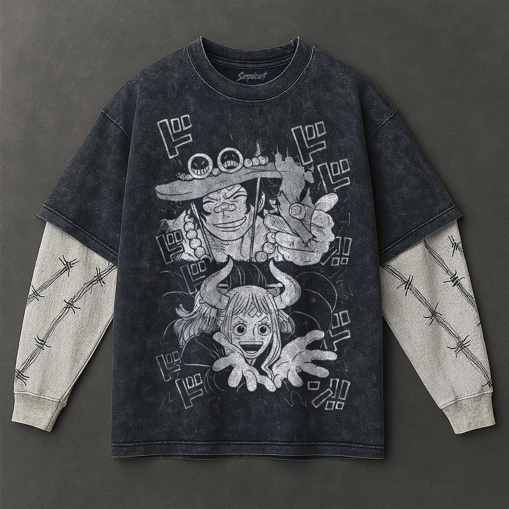 One Piece Premium Effortless Double Sleeves Blue Washed T-Shirt
