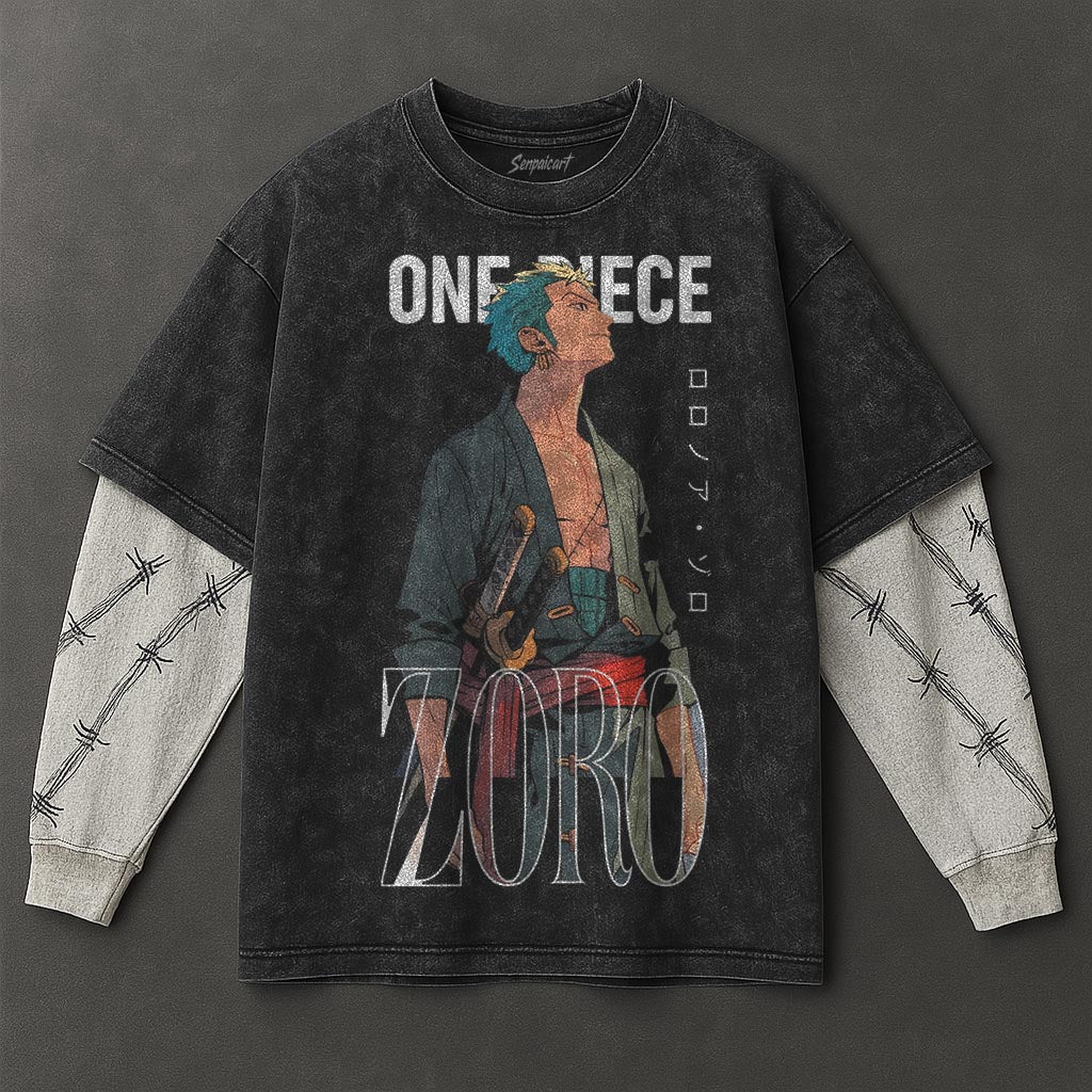One Piece Premium Airy Black Double Sleeves Washed T-Shirt