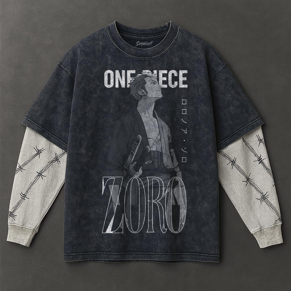 One Piece Premium Soft Double Sleeves Blue Washed T-Shirt