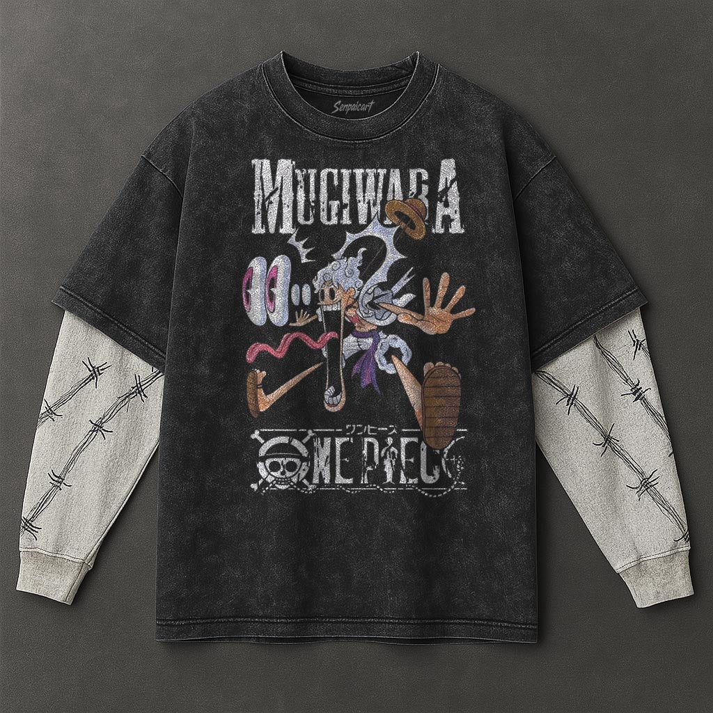 One Piece Premium Slouchy Black Double Sleeves Washed T-Shirt