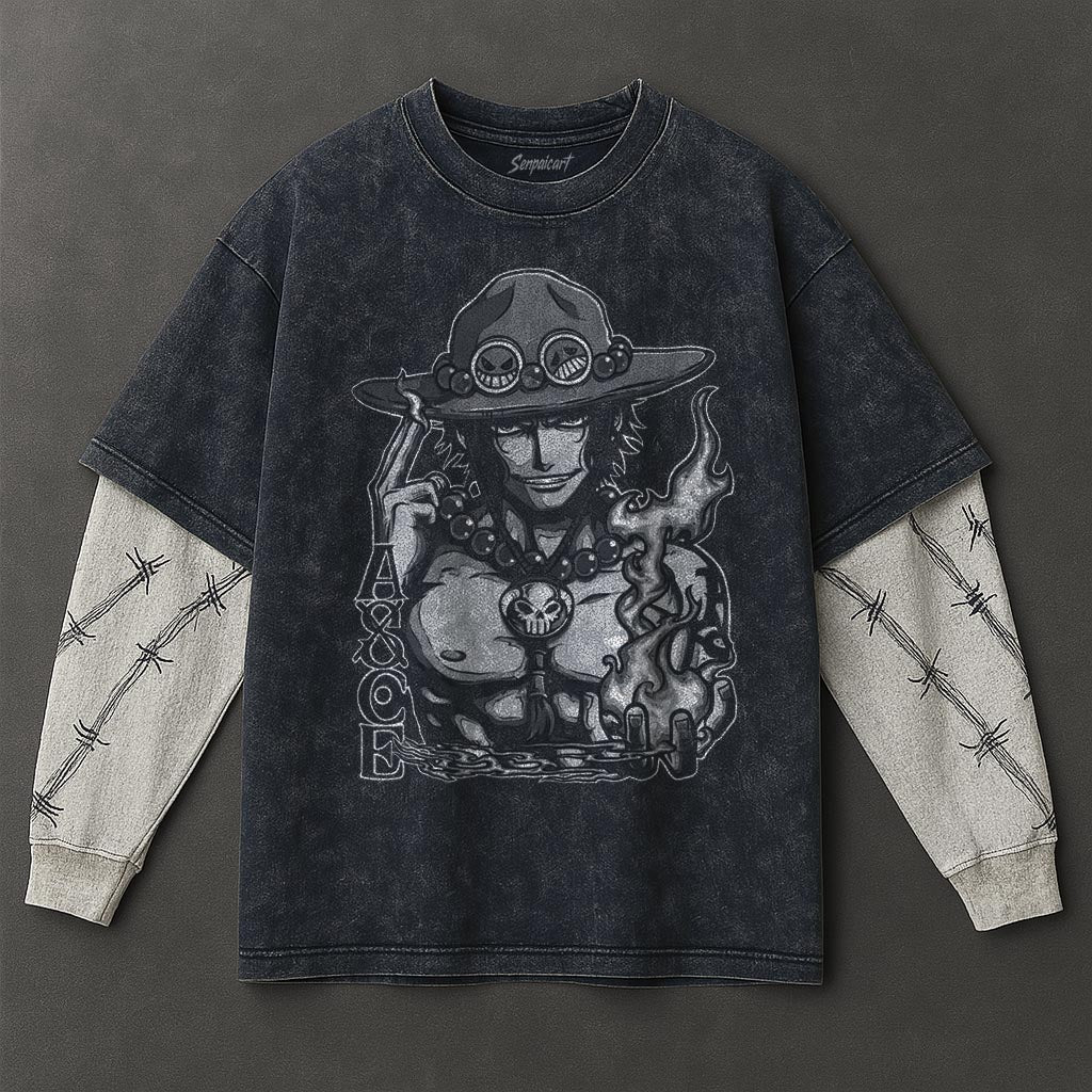 One Piece Premium Drapey Double Sleeves Blue Washed T-Shirt