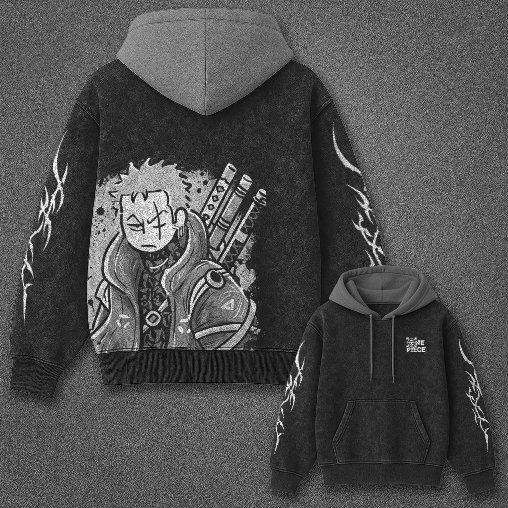 One Piece Essential Premium Black and Grey Washed Hoodie