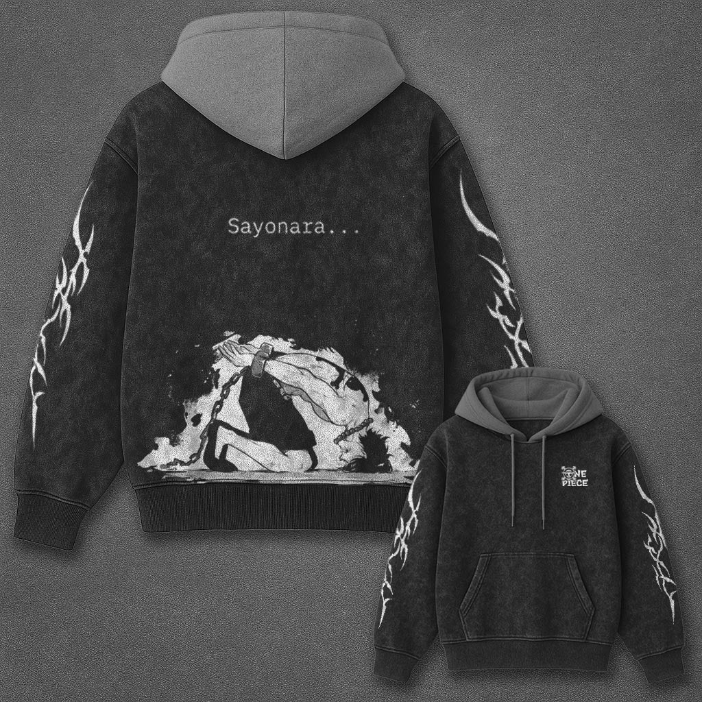 One Piece Essential Signature Black and Grey Washed Hoodie