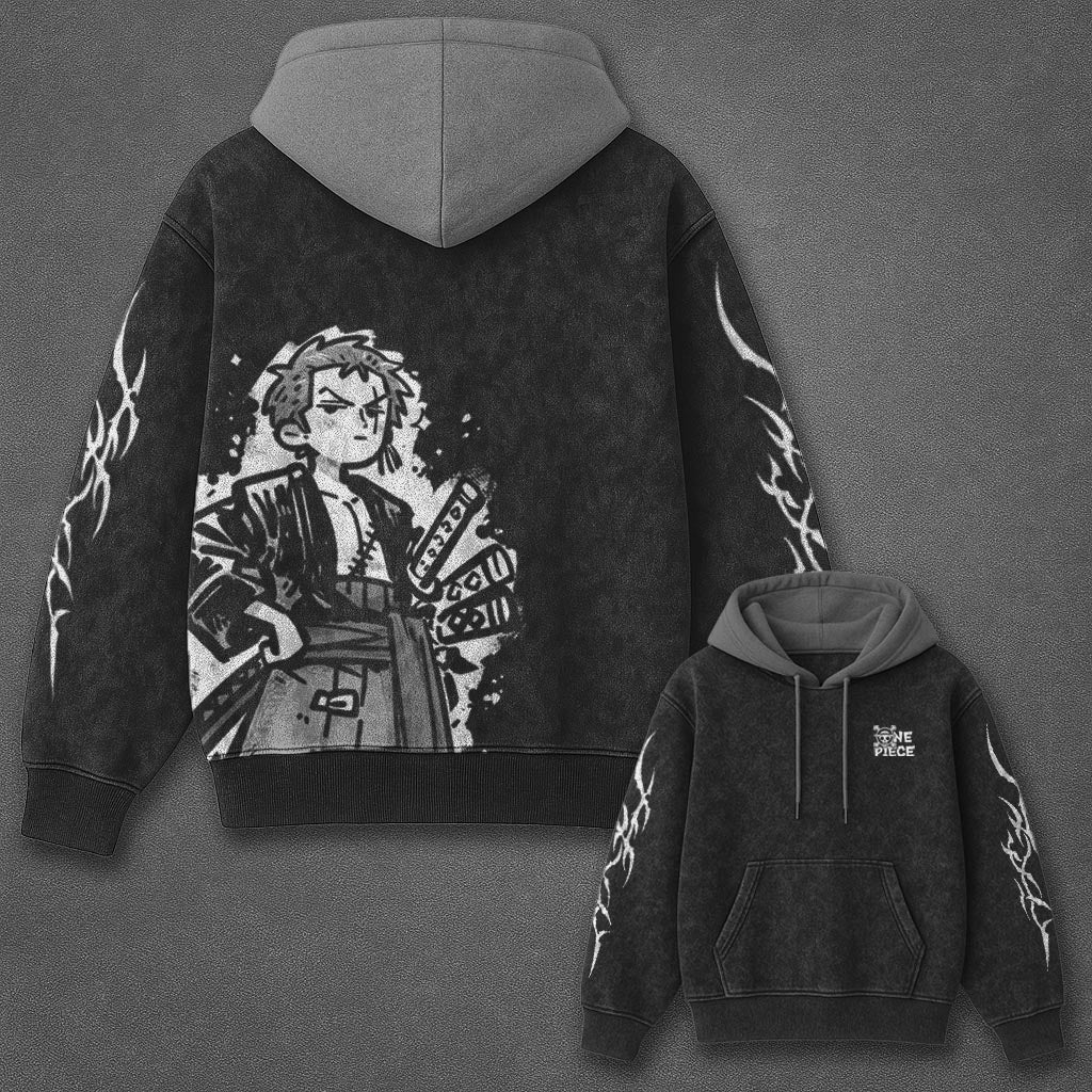 One Piece Essential Clean Black and Grey Washed Hoodie