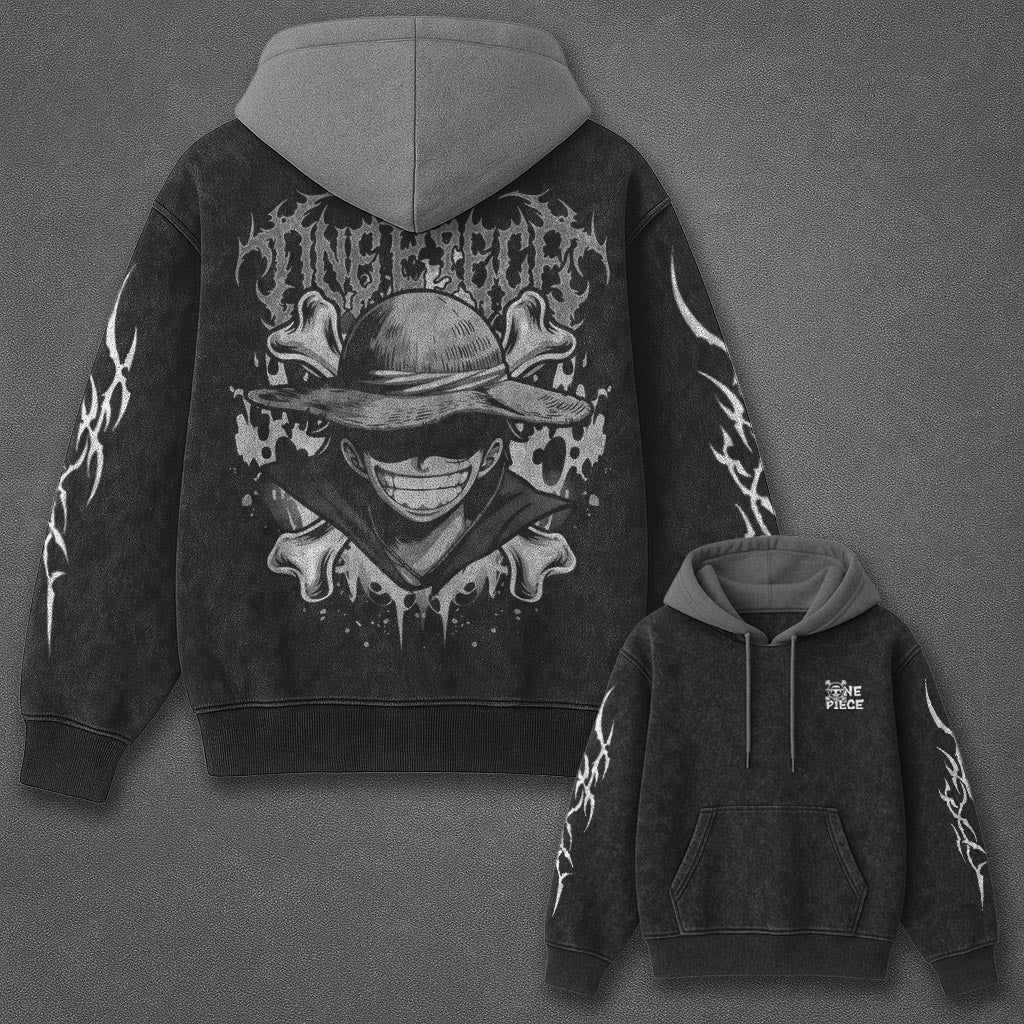 One Piece Classic Iconic Black and Gray Washed Hoodie