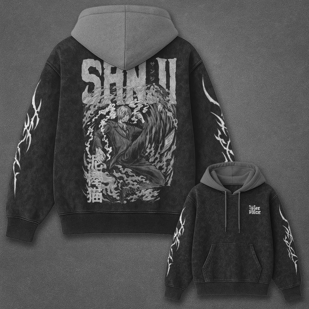 One Piece Classic Versatile Black and Gray Washed Hoodie