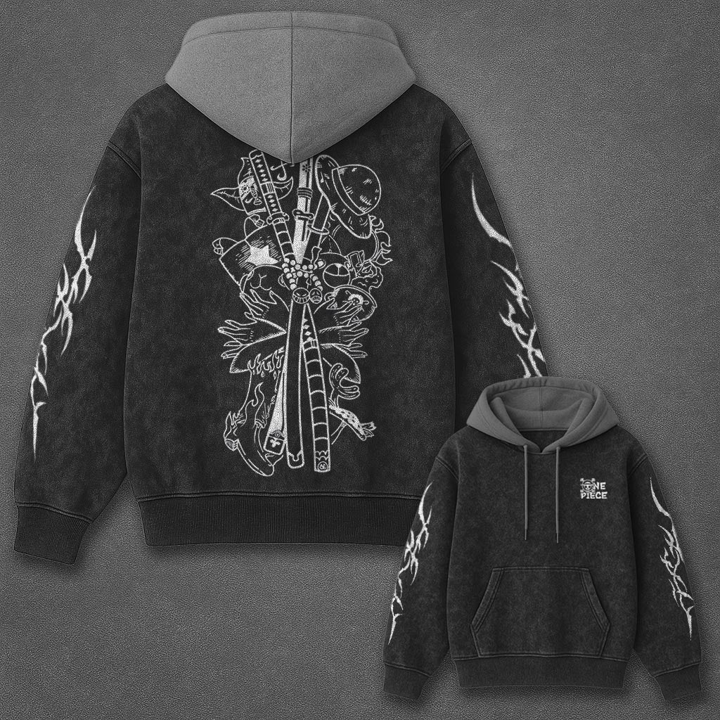 One Piece Classic Premium Black and Gray Washed Hoodie