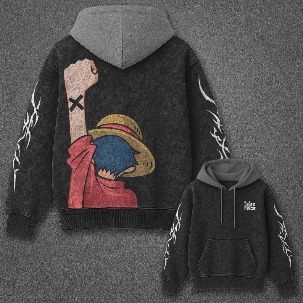 One Piece Classic Signature Black and Gray Washed Hoodie