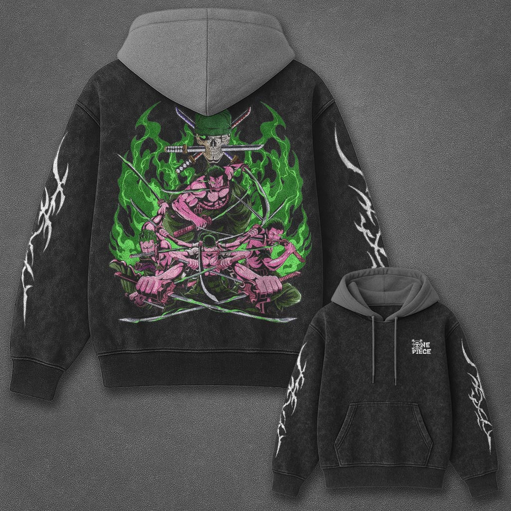 One Piece Classic Bold Black and Gray Washed Hoodie