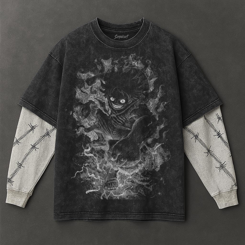 One Piece Essential Signature Black Double Sleeves Washed Hoodie