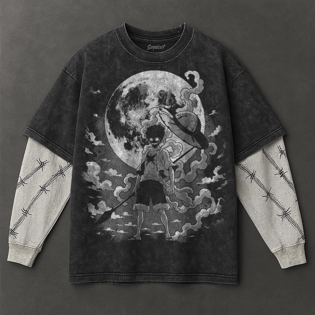 One Piece Essential Premium Black Double Sleeves Washed Hoodie