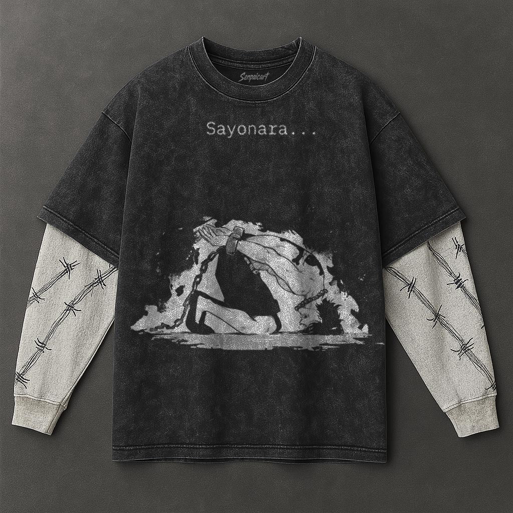 One Piece Essential Minimal Black Double Sleeves Washed Hoodie