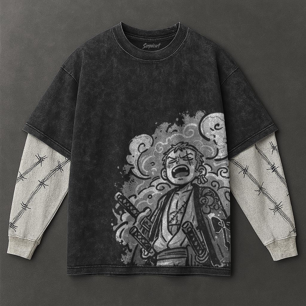 One Piece Essential Modern Black Double Sleeves Washed Hoodie