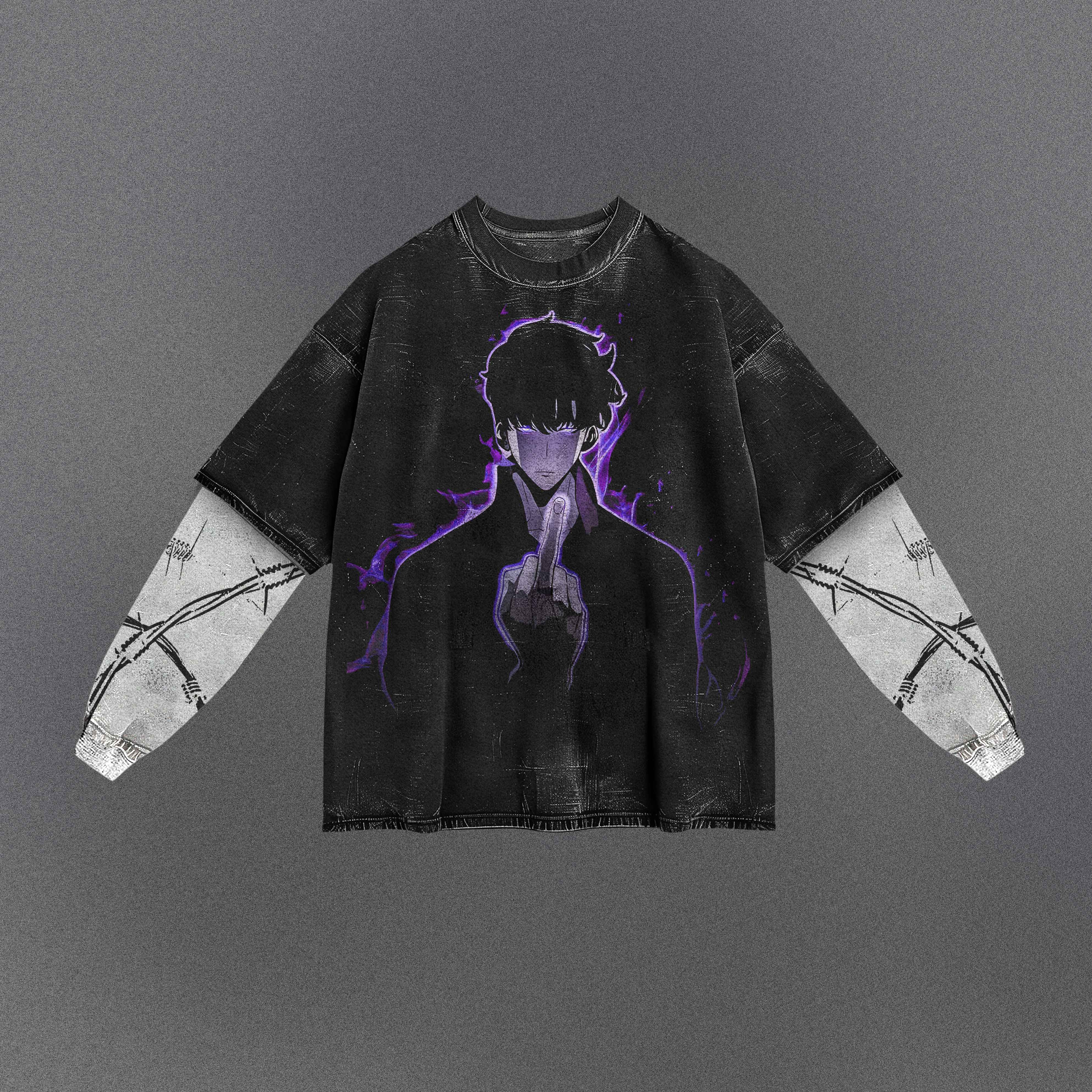 Solo Leveling Middle Finger Double Sleeve T-shirt
