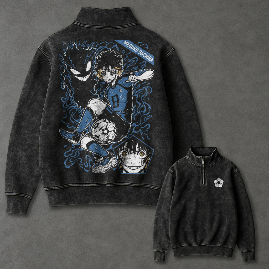 Blue Lock Oversized Half Zip Up Washed Sweatshirt