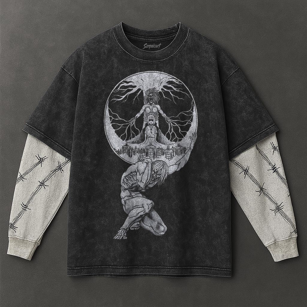 Attack on Titan Premium Loose Black Double Sleeves Washed T-Shirt