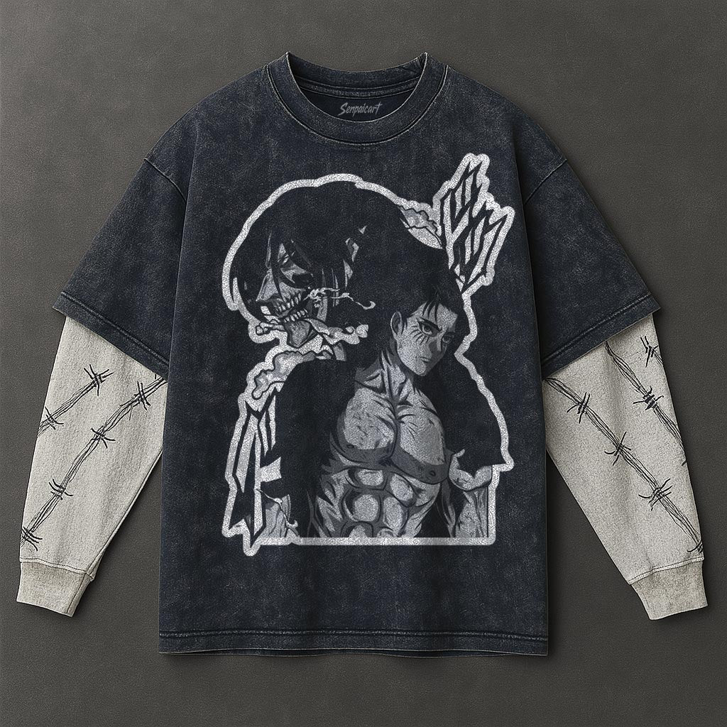 Attack on Titan Premium Slouchy Double Sleeves Blue Washed T-Shirt