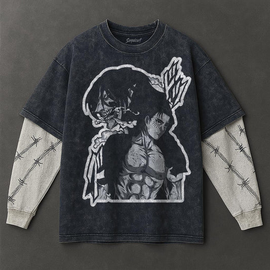 Attack on Titan Premium Slouchy Double Sleeves Blue Washed T-Shirt