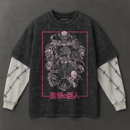 Attack on Titan Premium Comfy Black Double Sleeves Washed T-Shirt