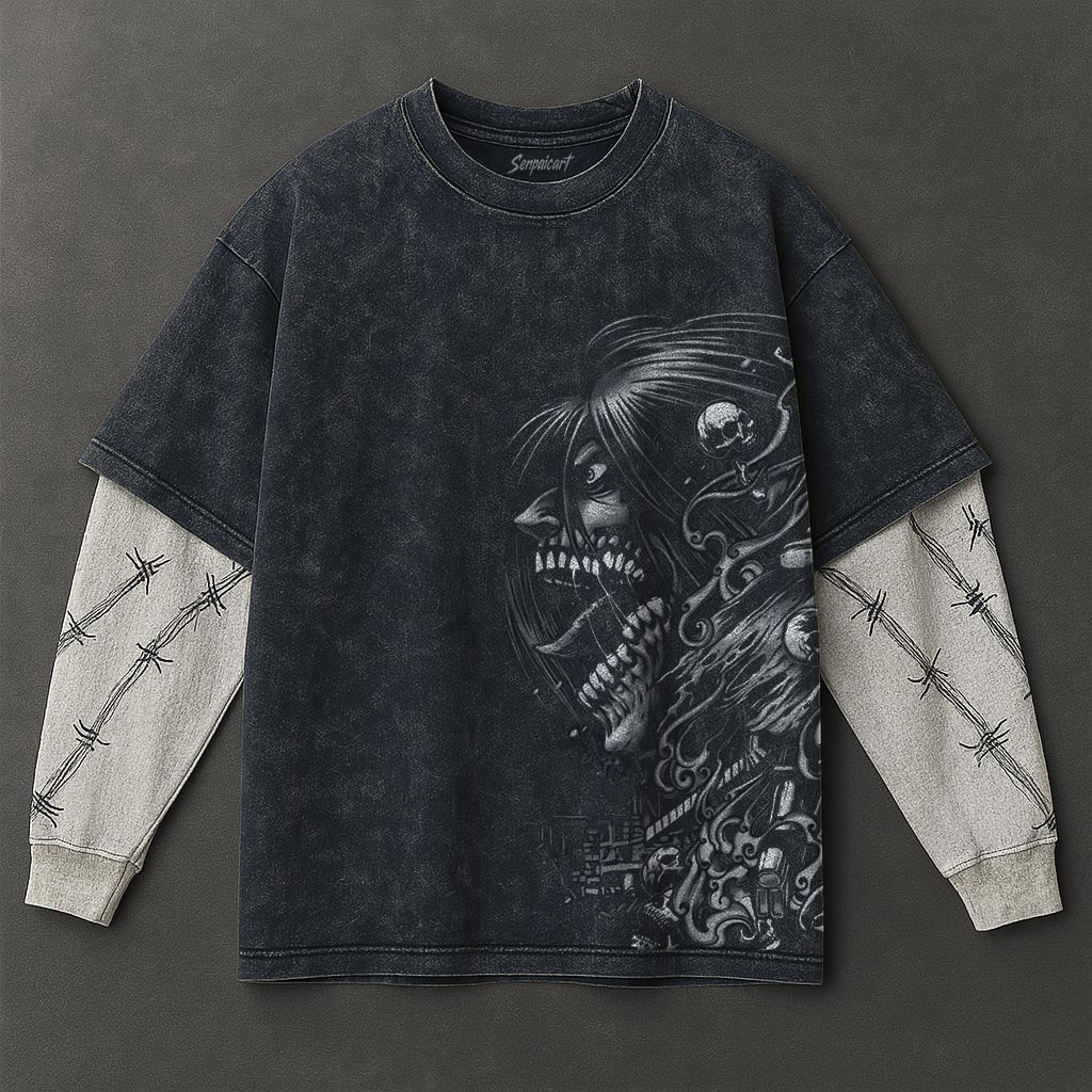 Attack on Titan Premium Roomy Double Sleeves Blue Washed T-Shirt