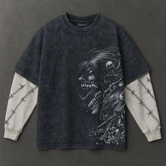 Attack on Titan Premium Roomy Double Sleeves Blue Washed T-Shirt