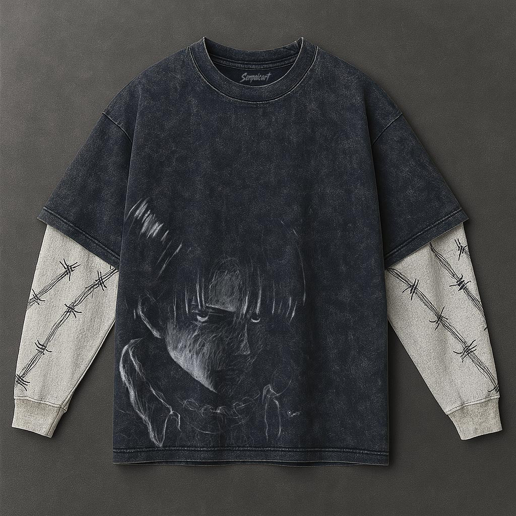 Attack on Titan Premium Breezy Double Sleeves Blue Washed T-Shirt